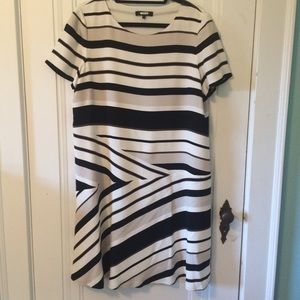 Striped Crepe Short Sleeve Dress w Drop Waist